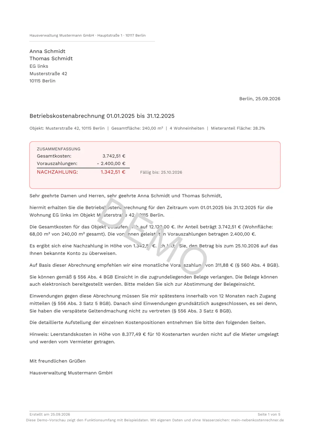 Muster einer Nebenkostenabrechnung als PDF, Seite 1: Anschreiben an den Mieter mit Zusammenfassung und Nachzahlung