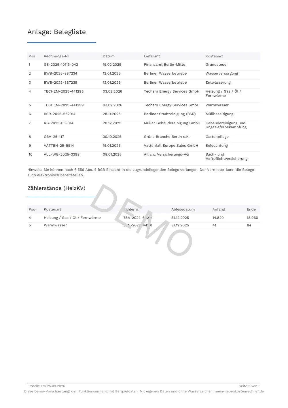 Muster einer Nebenkostenabrechnung als PDF, Anlage: Belegliste und Zählerstände nach HeizKV