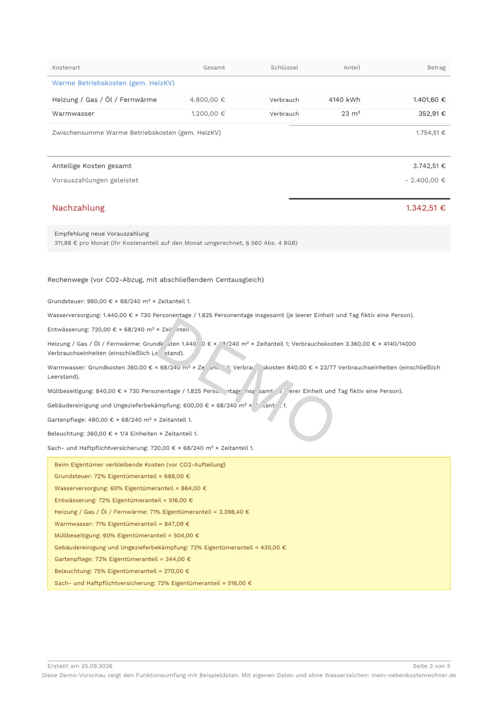 Muster einer Nebenkostenabrechnung als PDF, Seite 3: Heizkosten nach HeizKV, Ergebnis und Rechenwege je Position