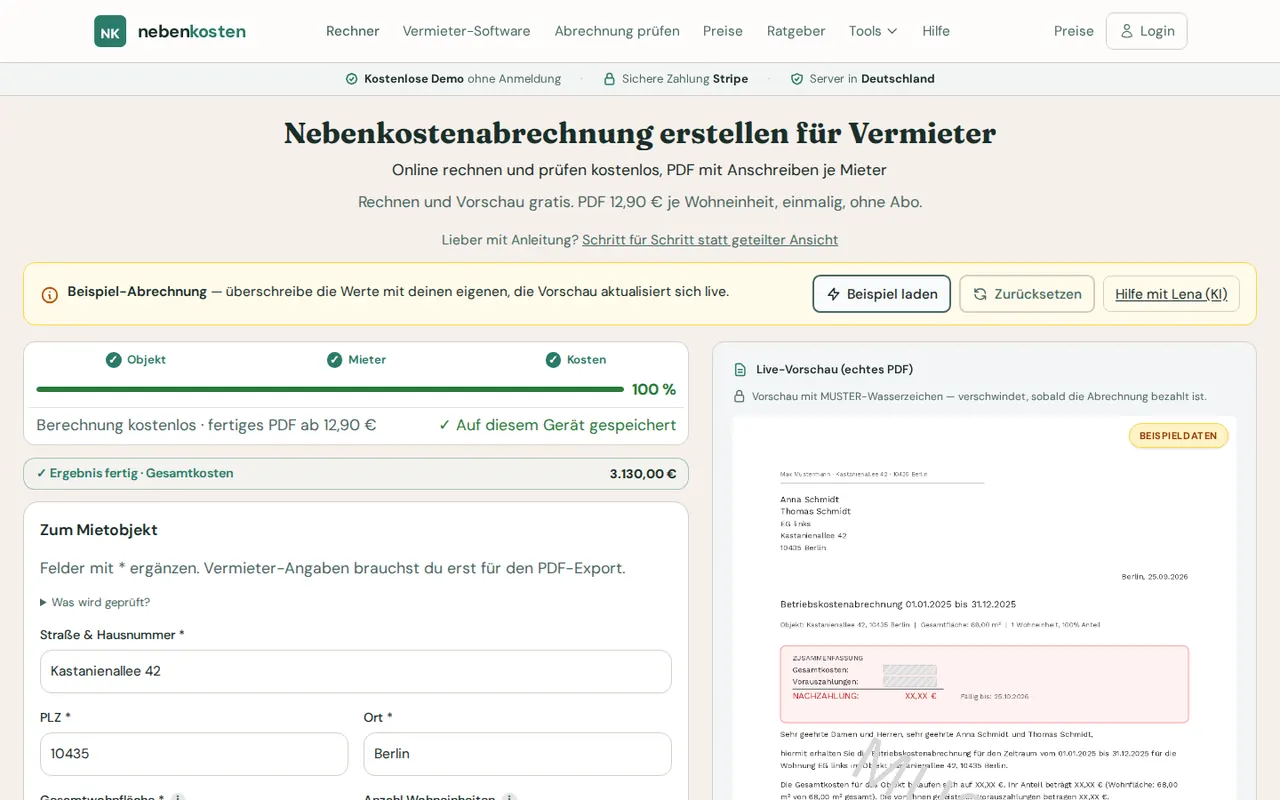 Nebenkostenrechner mit Live-Vorschau der Abrechnung als PDF