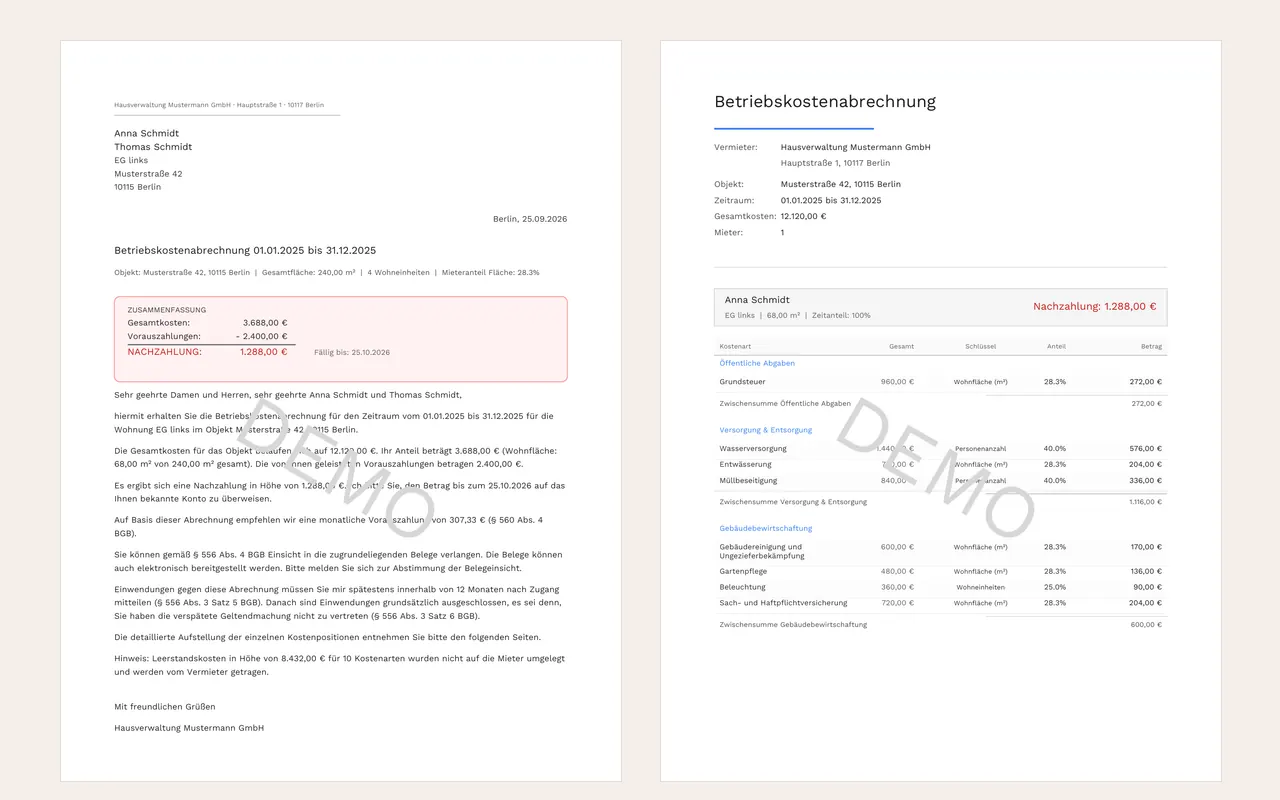 Nebenkostenabrechnung als PDF: Anschreiben mit Zusammenfassung und Kostenaufstellung (Muster)