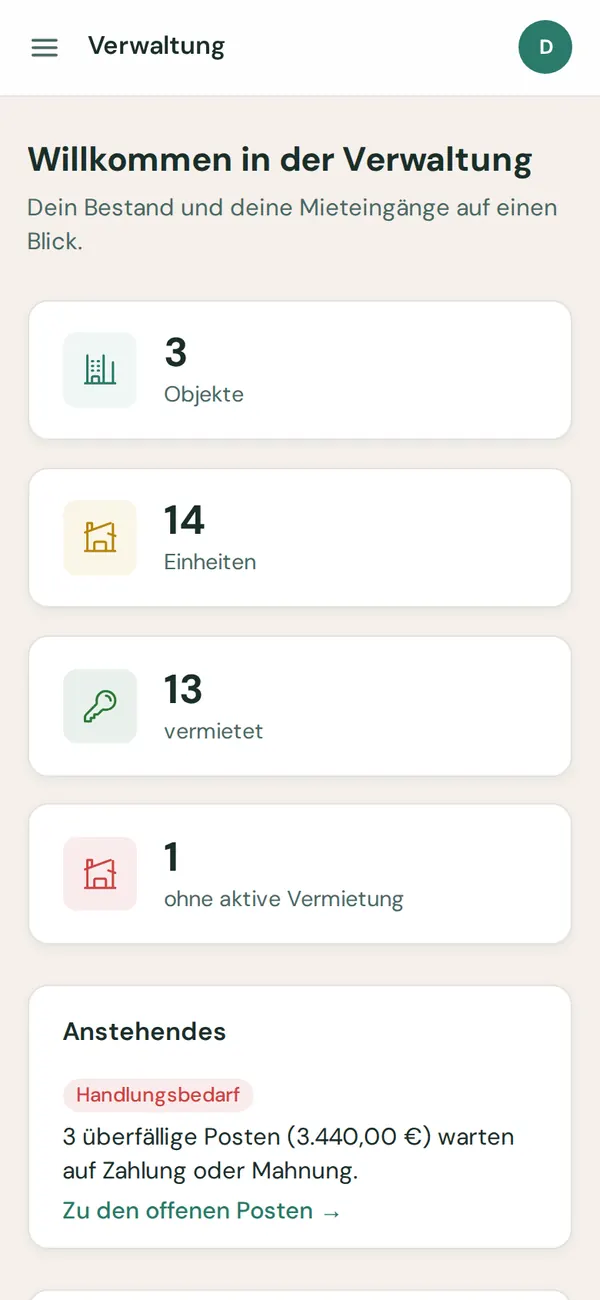 Vermieter-Software auf dem Smartphone: Übersicht mit Objekten, Einheiten und Handlungsbedarf