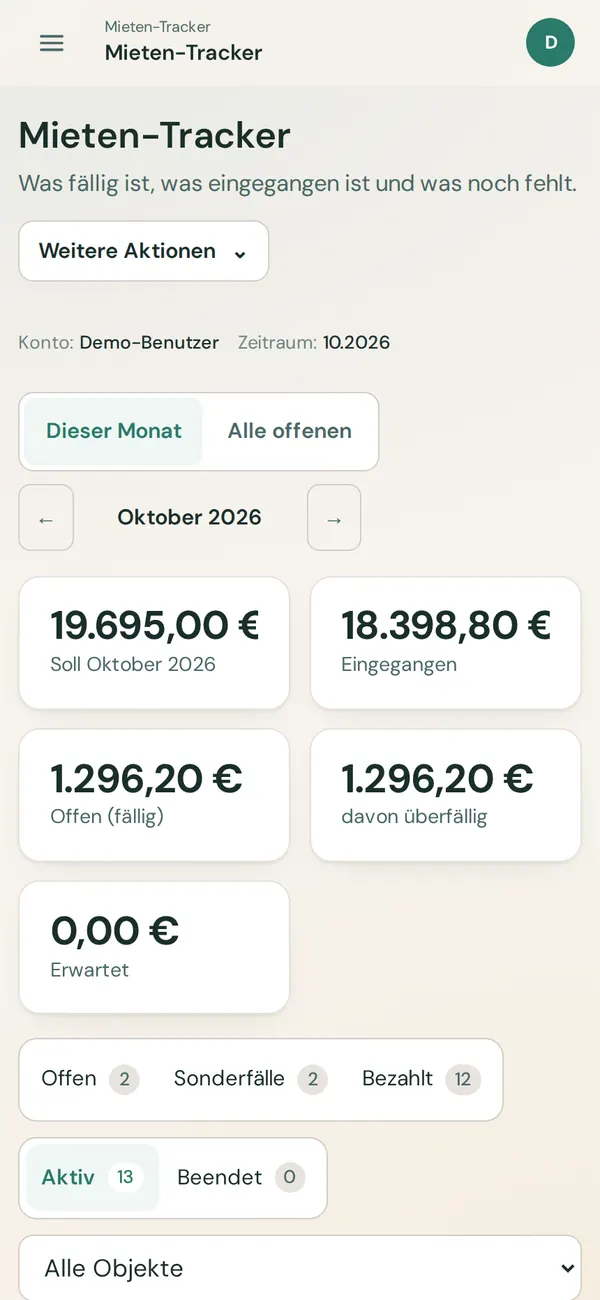 Vermieter-Software auf dem Smartphone: Mieten-Tracker mit Soll, Eingängen und offenen Mieten des Monats