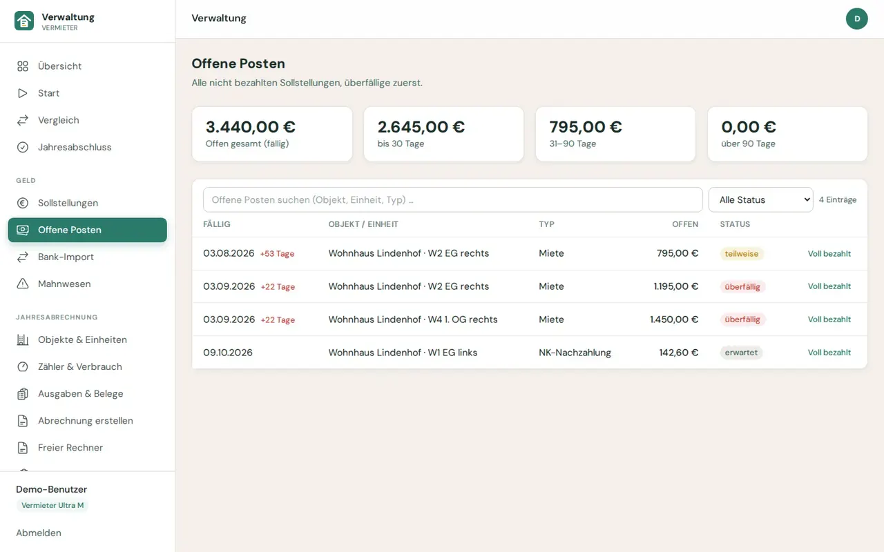 Vermieter-Software: offene Posten je Einheit mit Fälligkeit, Betrag und Status