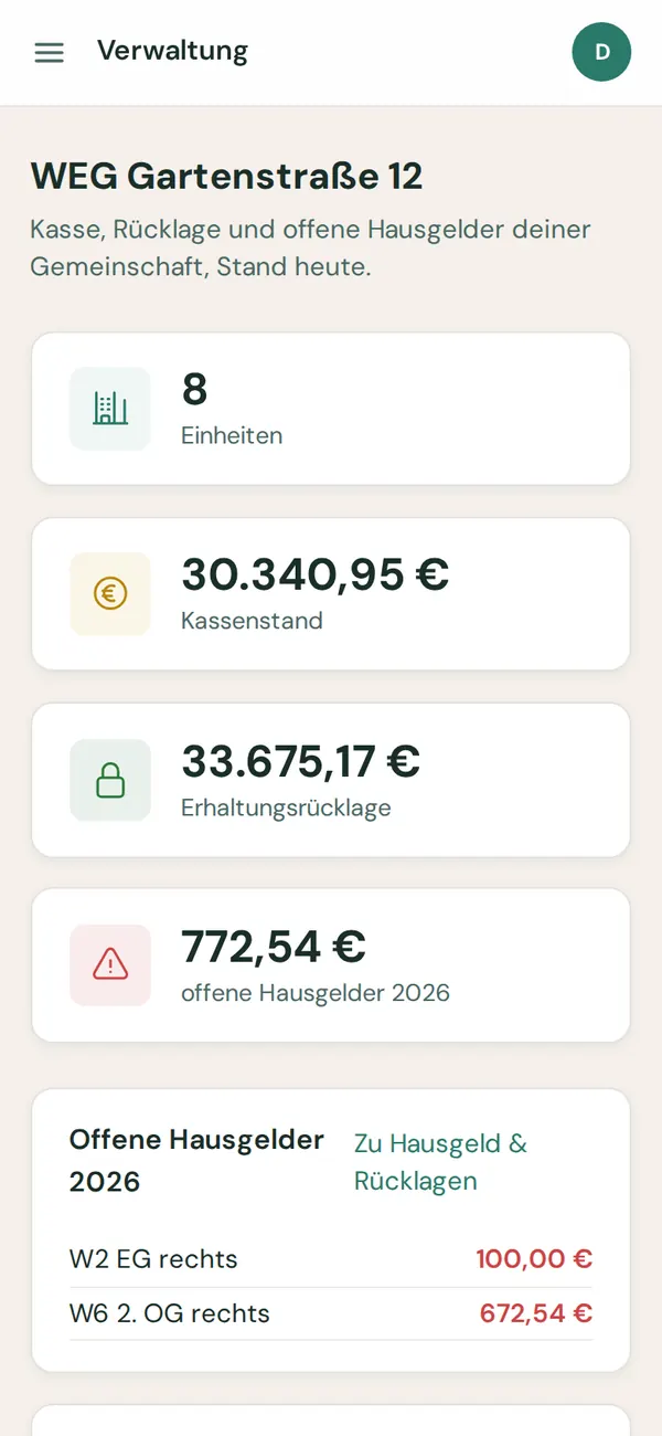 WEG-Verwaltung Software auf dem Smartphone: Übersicht mit Einheiten, Kassenstand und offenen Hausgeldern