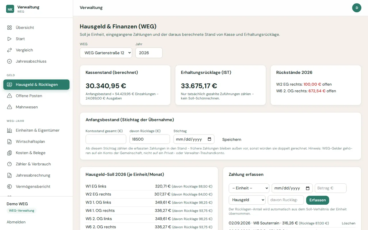 WEG-Verwaltung Software: Hausgeld-Soll je Einheit, Kassenstand, Erhaltungsrücklage und Rückstände
