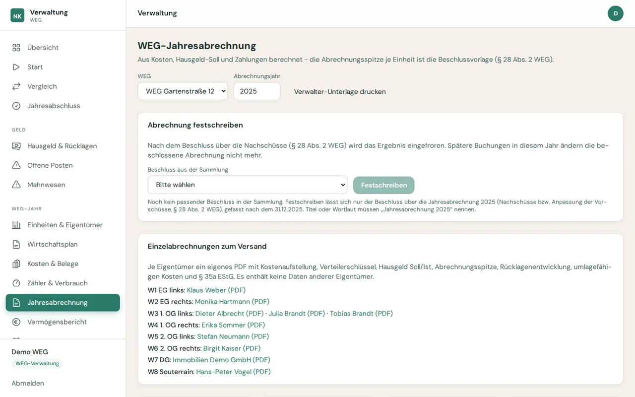 WEG-Verwaltung Software: Jahresabrechnung nach § 28 WEG mit Einzelabrechnungen je Eigentümer