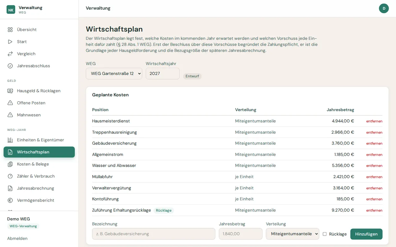 WEG-Verwaltung Software: Wirtschaftsplan mit Jahresbeträgen und Verteilung nach Miteigentumsanteilen