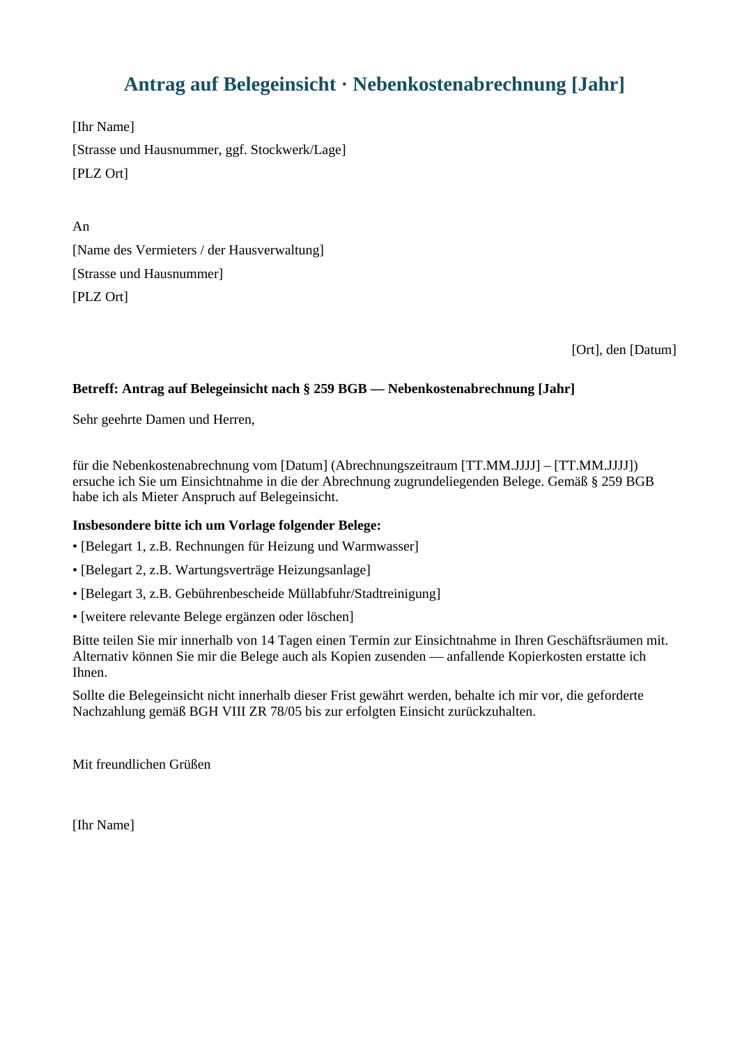 Vorschau der Vorlage „Belegeinsicht anfordern" — Seite 1