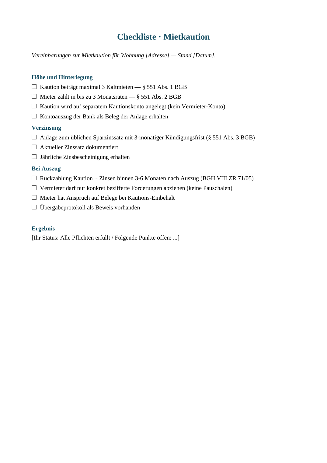 Vorschau der Vorlage „Checkliste Mietkaution" — Seite 1