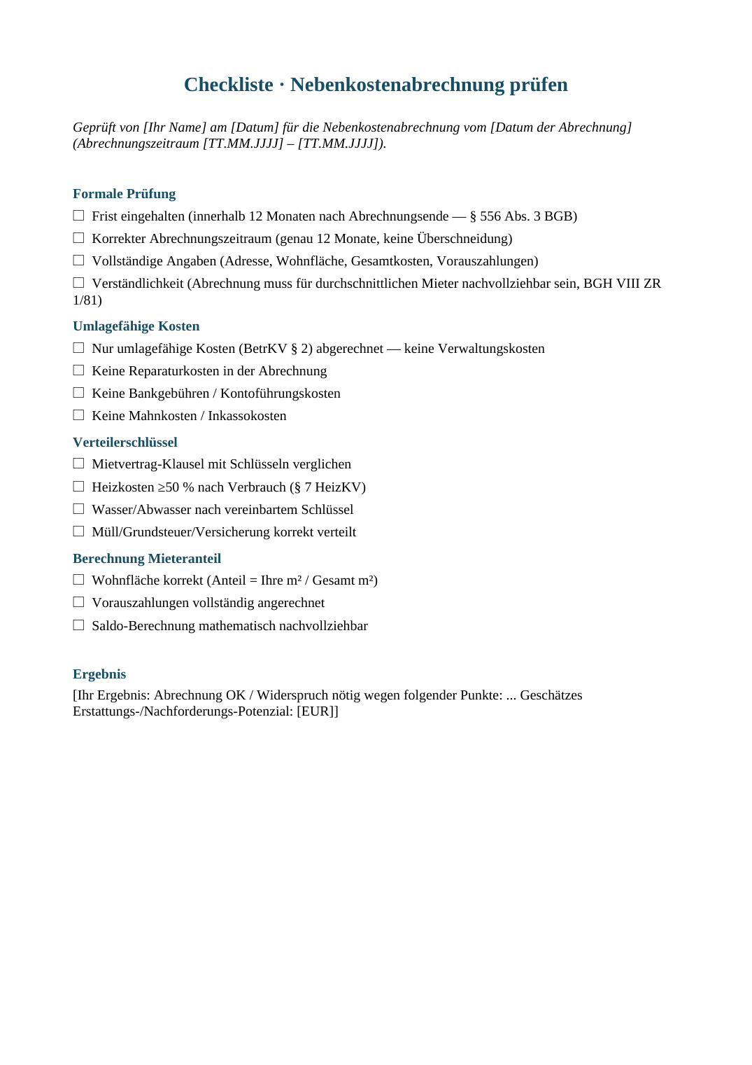 Vorschau der Vorlage „Checkliste Abrechnung prüfen" — Seite 1