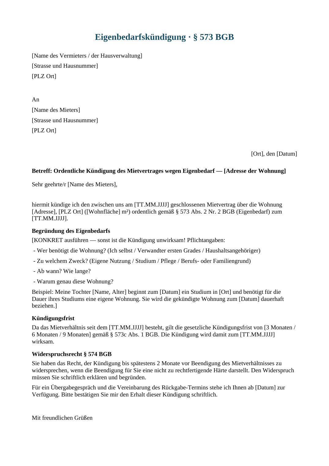 Vorschau der Vorlage „Eigenbedarfskündigung" — Seite 1