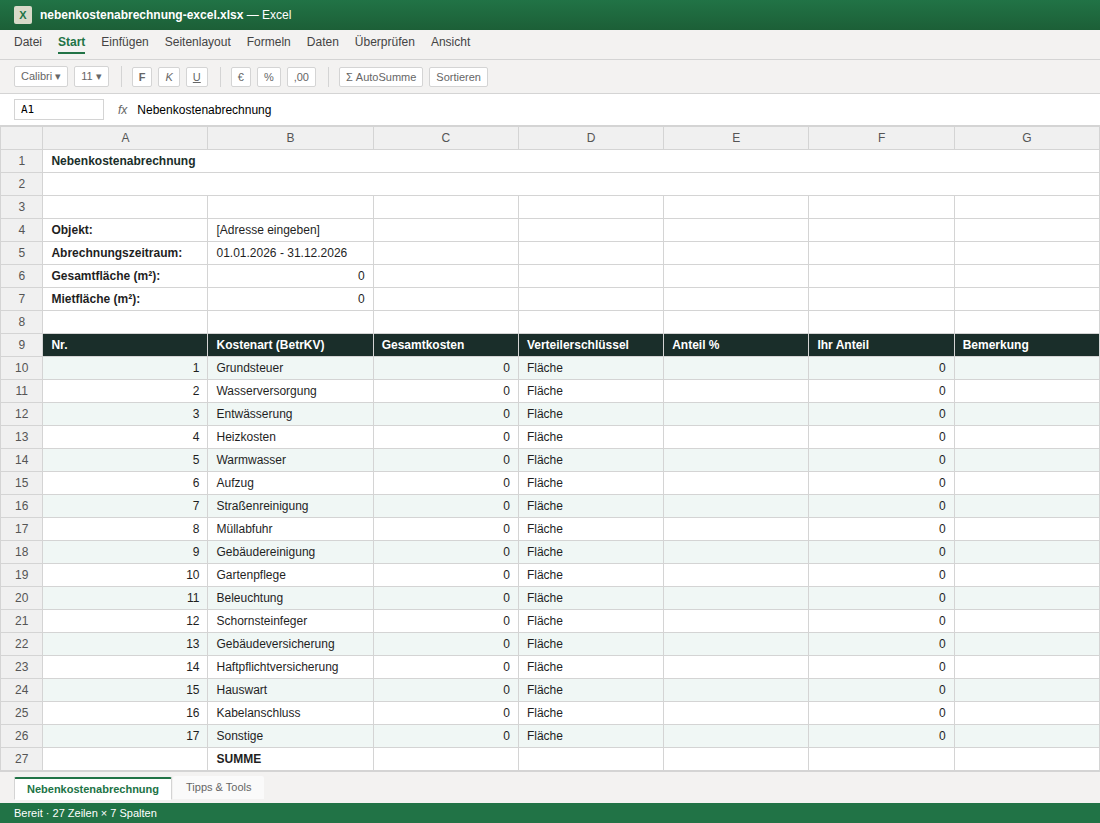Vorschau der Vorlage „Nebenkostenabrechnung Excel" — Seite 1